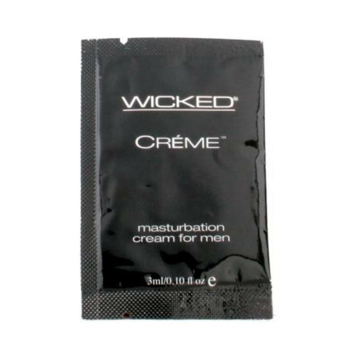 Single black packet of Wicked Crème masturbation cream for men, 3ml size with white text on front.
