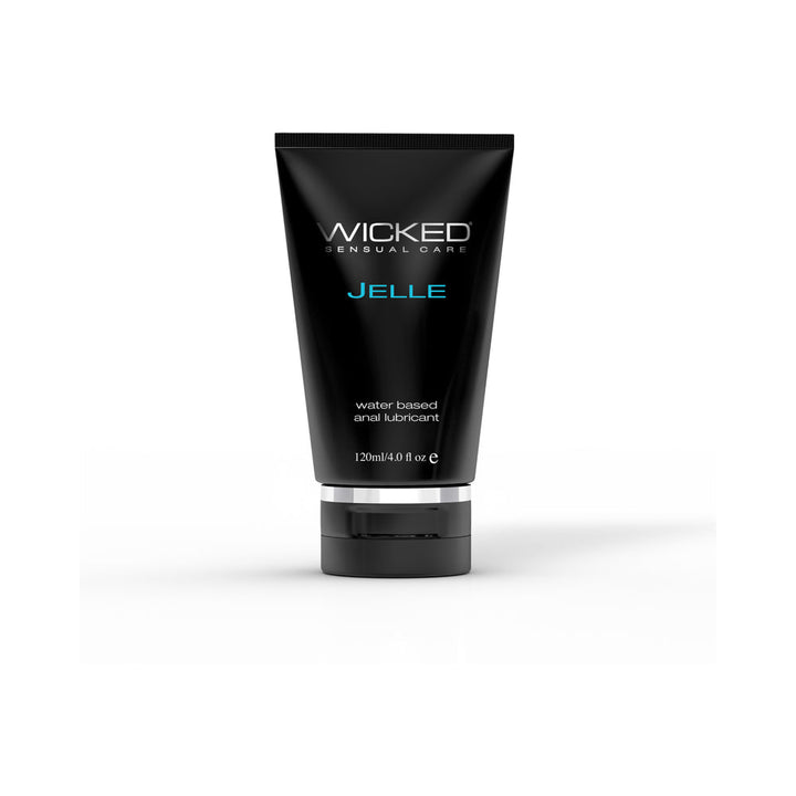 Wicked Jelle water-based anal lubricant in a sleek black 4oz squeeze tube with blue and white text.