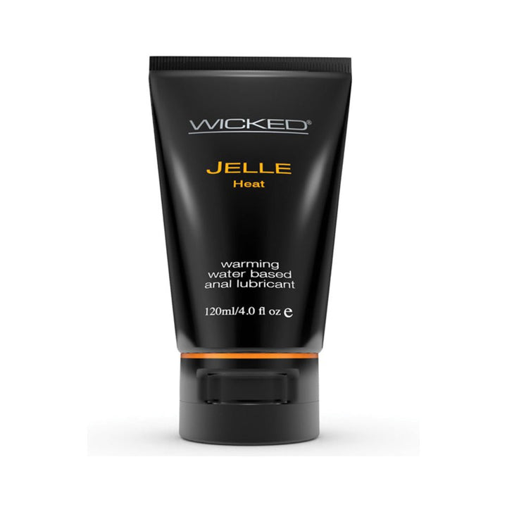 Black 4oz tube of Wicked Jelle Heat warming water-based anal lubricant with orange accent ring on cap.