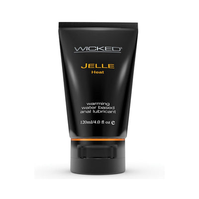 Black 4oz tube of Wicked Jelle Heat warming water-based anal lubricant with orange accent ring on cap.