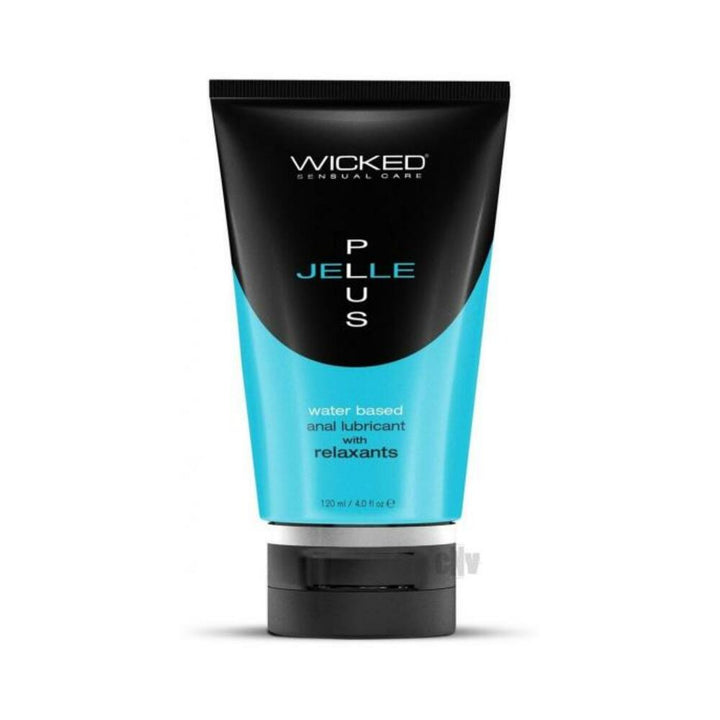 Tube of Wicked Jelle Plus water-based anal lubricant with relaxants in black and blue packaging, 4oz size.