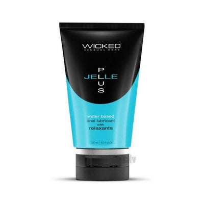 Tube of Wicked Jelle Plus water-based anal lubricant with relaxants in black and blue packaging, 4oz size.