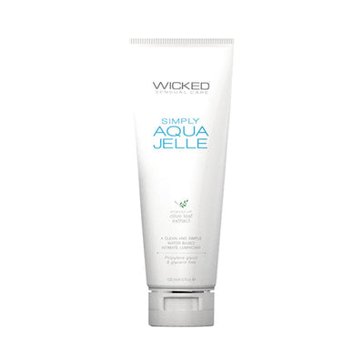 Wicked Simply Aqua Jelle 4oz white tube water-based intimate lubricant with olive leaf extract label