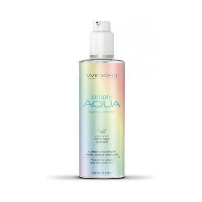 Bottle of Wicked Simply Aqua Special Edition water-based lubricant with rainbow gradient label and white pump top