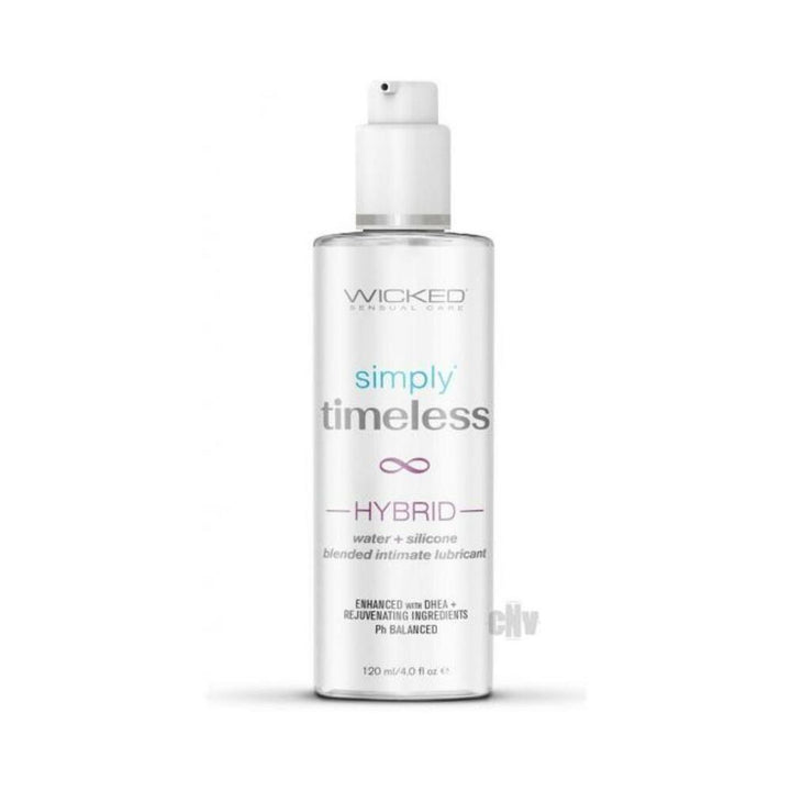 Bottle of Wicked Simply Timeless Hybrid 4 oz water and silicone blended intimate lubricant with pump dispenser.