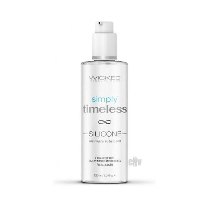 Wicked Simply Timeless Silicone intimate lubricant in a clear 4 oz pump bottle with minimalist white and gray label design.
