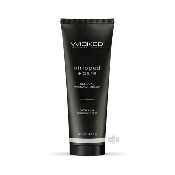 Black tube of Wicked Stripped + Bare unscented sensual massage cream, 4 oz, ultra-rich and fragrance-free formula.