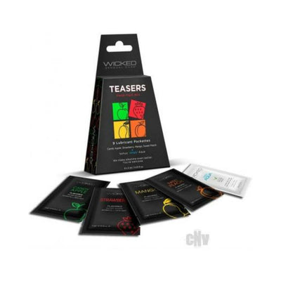 Wicked Teasers Fresh Fruit Mix 9-pack with individual 3ml lubricant packets in candy apple, strawberry, mango, and sweet peach flavors.