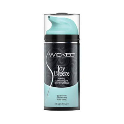 Wicked Toy Breeze cooling glycerin-free water-based lubricant gel in a 3.3 fl oz pump bottle with black and blue packaging.