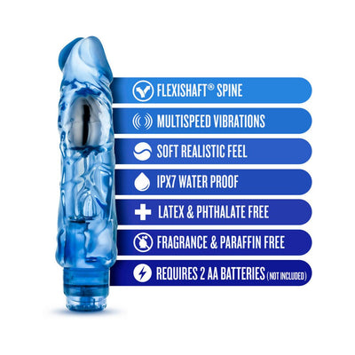 Blue translucent vibrator with flexi-shaft, multi-speed vibrations, waterproof, and phthalate-free features listed.