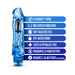 Blue translucent vibrator with flexi-shaft, multi-speed vibrations, waterproof, and phthalate-free features listed.
