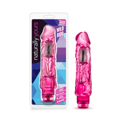 Pink translucent realistic vibrator with multi-speed control shown in and out of packaging.