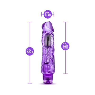 Purple realistic textured vibrator with measurements showing 9.25 inches length and 1.75 inches width.