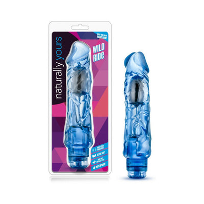 Blue translucent realistic vibrator with multi-speed control, shown in and out of packaging with colorful geometric background.