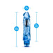 Blue translucent vibrator with realistic texture and dimensions labeled, standing upright on white background.