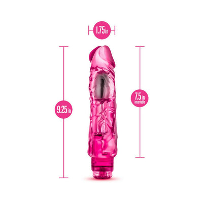 Pink translucent vibrator with realistic texture and measurements displayed, 9.25 inches long and 1.75 inches wide.