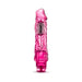 Pink translucent realistic textured vibrator with multi-speed control dial at base, standing upright on white background.