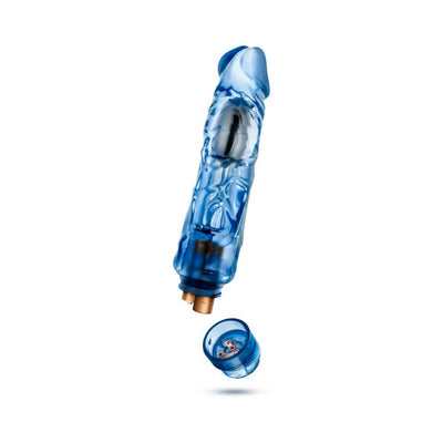 Blue translucent realistic vibrator with multi-speed control cap removed, showing battery compartment details.