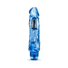 Blue translucent realistic textured vibrator with multi-speed control base, standing upright on white background.