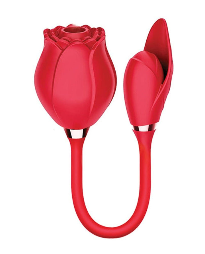 Red dual-ended rose-shaped suction and bullet vibrator with flexible connecting stem and gold accents.