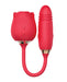 Red silicone dual-ended Wild Rose Suction Thruster vibrator with rose-shaped suction head and textured thrusting attachment.
