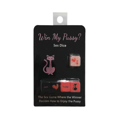 Win My Pussy sex dice game with black and red dice featuring playful icons and actions for couples' foreplay fun.