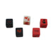 Set of five foreplay dice in black, red, and white with playful action words and body part icons for couples' game.
