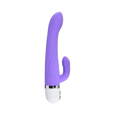 Purple silicone dual motor vibrator with curved head and flexible clitoral stimulator, white base with control buttons.