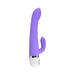 Purple silicone dual motor vibrator with curved head and flexible clitoral stimulator, white base with control buttons.