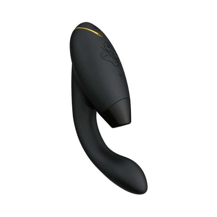 Black Womanizer Duo 2 dual stimulation vibrator with ergonomic curved design and control buttons on top