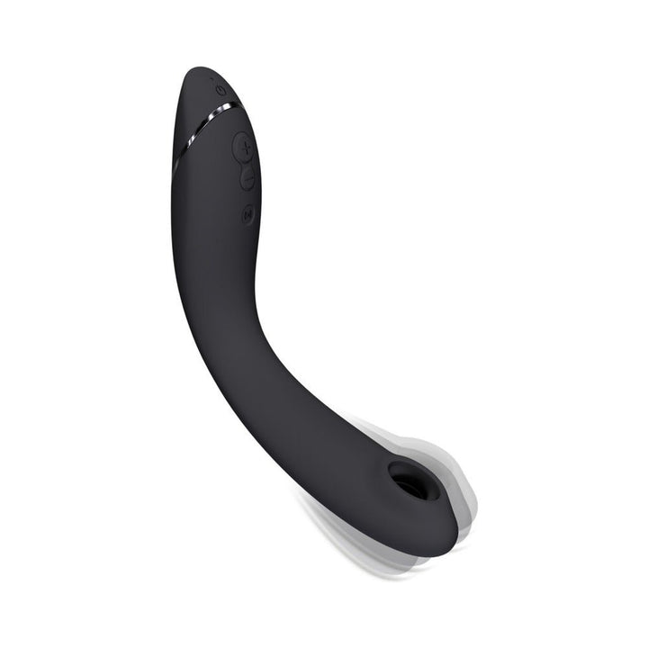 Dark gray Womanizer OG G-spot stimulator with curved design and soft-touch silicone surface, featuring control buttons and flexible arm.