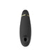 Black Womanizer Premium 2 clitoral stimulator with gold accent and silicone body, shown from front view on white background.