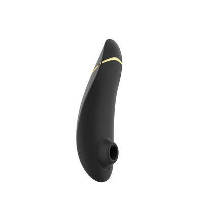 Black Womanizer Premium 2 clitoral stimulator with sleek curved design and gold accent stripe.