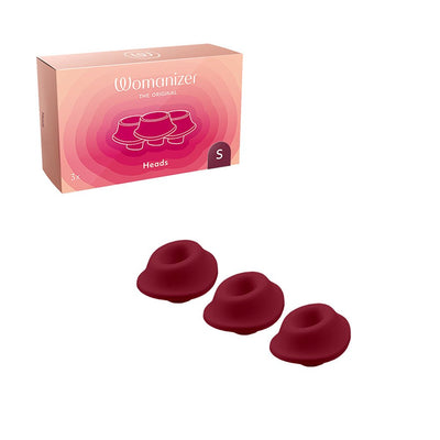 Pack of three Bordeaux small replacement silicone heads for Womanizer Premium and Classic models with branded packaging.