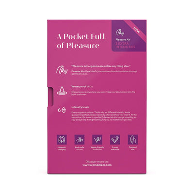 Back of Womanizer Starlet 3 packaging in pink with product features and benefits listed in white text.
