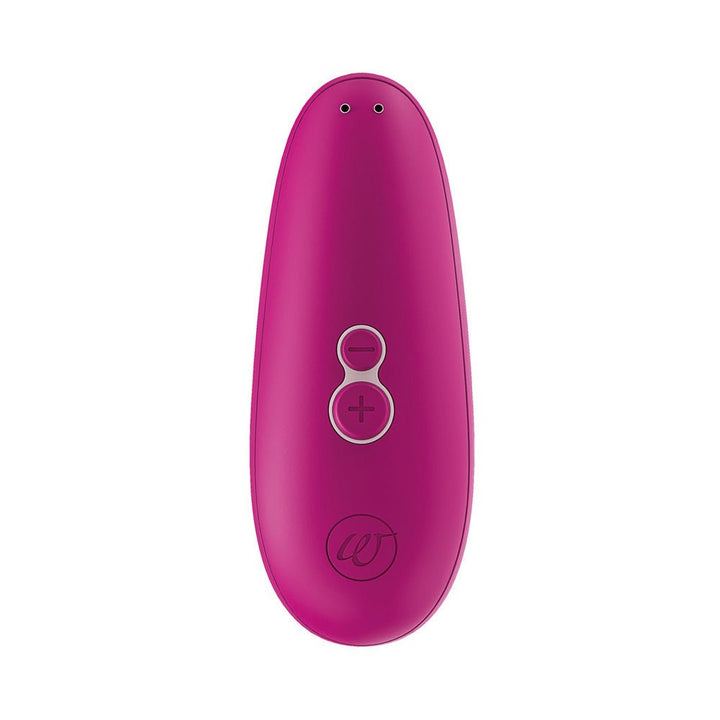 Pink Womanizer Starlet 3 clitoral stimulator with ergonomic design and plus/minus control buttons on white background.