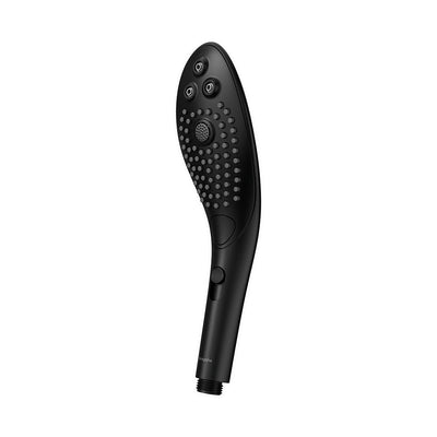 Sleek black Womanizer Wave shower head with multiple nozzles and ergonomic handle for dual shower and clitoral stimulation.