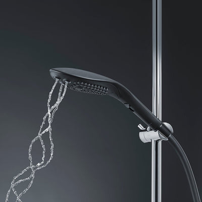 Black ergonomic shower head with multiple water streams flowing, mounted on a chrome adjustable shower rail.