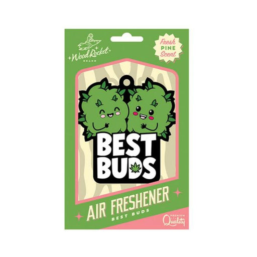 Best Buds Air Freshener packaging featuring two smiling green buds with pine scent label on green and pink background.