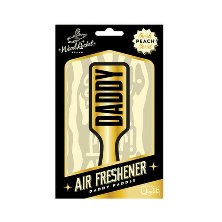 Daddy Paddle cardboard air freshener with Fresh Peach scent in black and gold packaging by Wood Rocket.