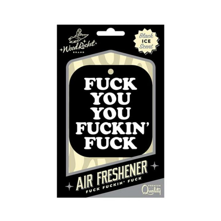 Wood Rocket black cardboard air freshener with bold white text and Black Ice scent label in retail packaging.