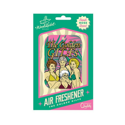 Wood Rocket air freshener with colorful cartoon of four older women in swimsuits and fresh rose scent label.