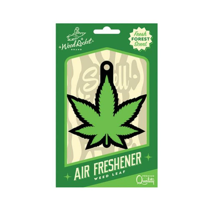 Wood Rocket green leaf shaped cardboard air freshener with fresh forest scent in green packaging