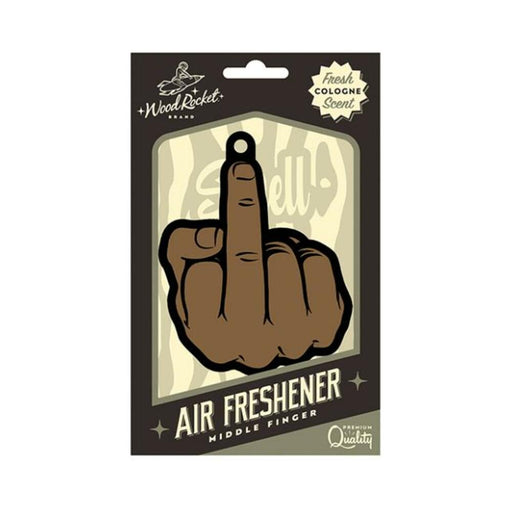 Wood Rocket air freshener with a playful middle finger design in brown, scented with fresh cologne peach fragrance.