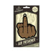 Wood Rocket air freshener with a playful middle finger design in brown, scented with fresh cologne peach fragrance.