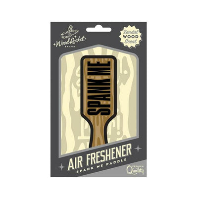Wood Rocket Spank Me Paddle sandalwood-scented cardboard air freshener in packaging with wood grain design.
