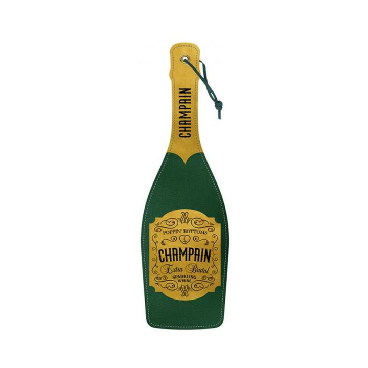 Champagne bottle-shaped paddle with green and gold design and "Champain" label detail with wrist strap loop