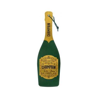 Champagne bottle-shaped paddle with green and gold design and "Champain" label detail with wrist strap loop