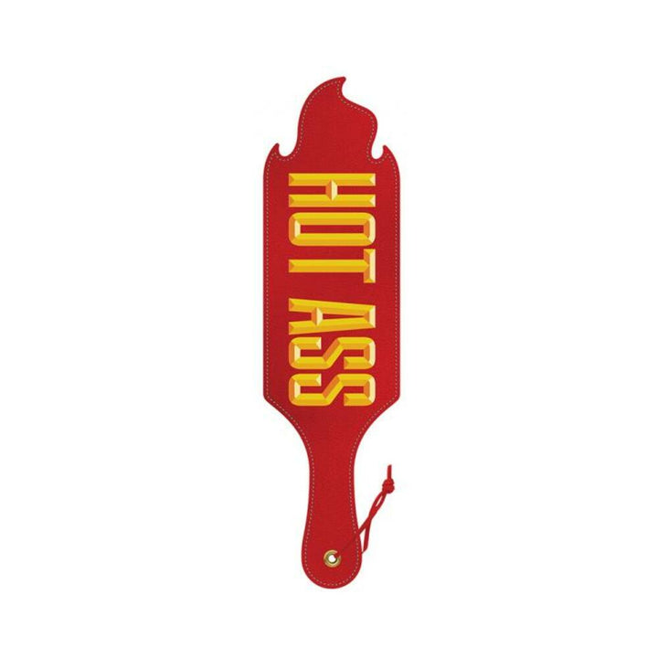 Red paddle with flame-shaped top and bold yellow "HOT ASS" text, featuring a wrist strap and stitched edges.