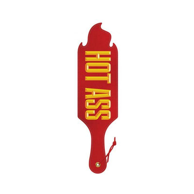 Red paddle with flame-shaped top and bold yellow "HOT ASS" text, featuring a wrist strap and stitched edges.